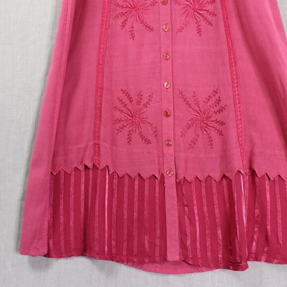 BFA Classic Embroidered Button Front Dress M Boho Fuchsia Rayon Midi Tie Back - Picture 4 of 16